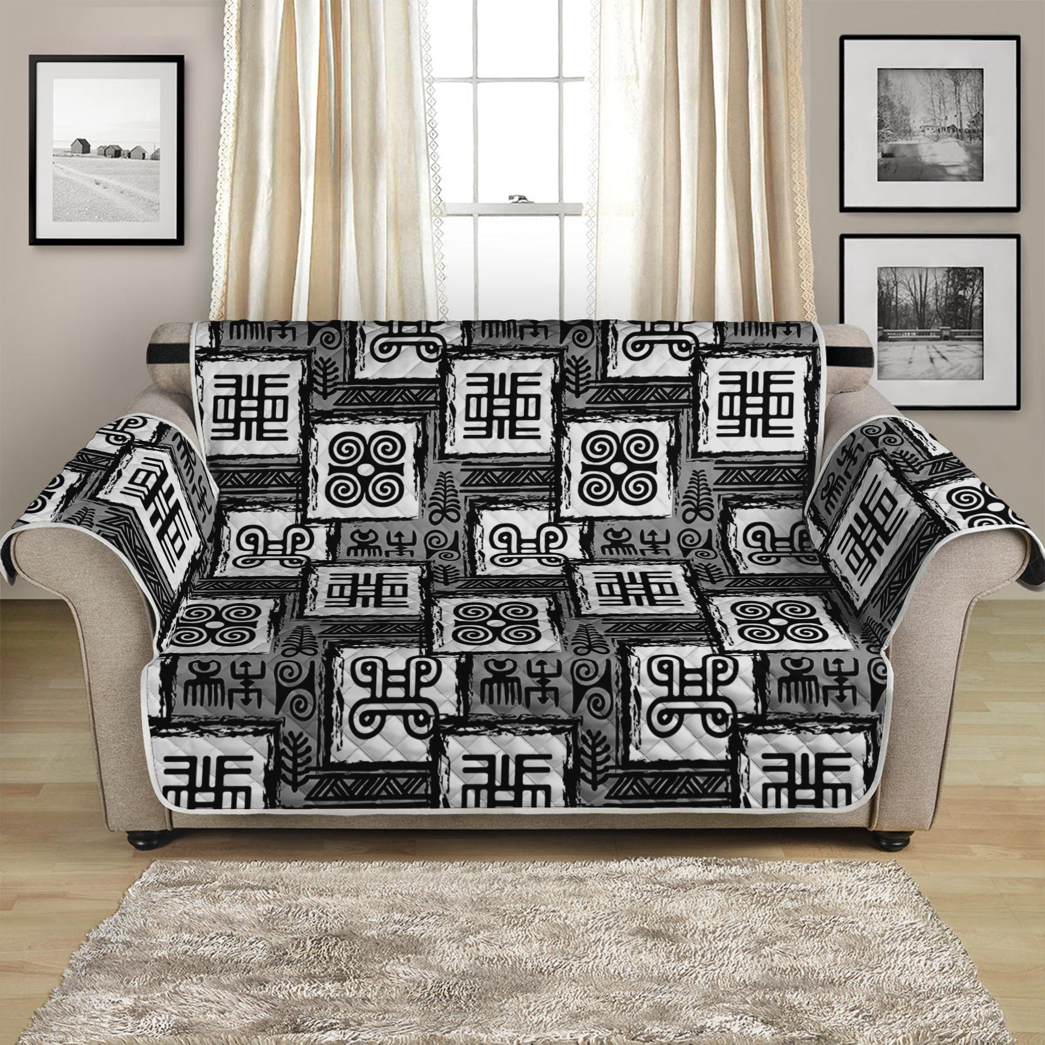 Grey African Adinkra Symbols Print Loveseat Protector