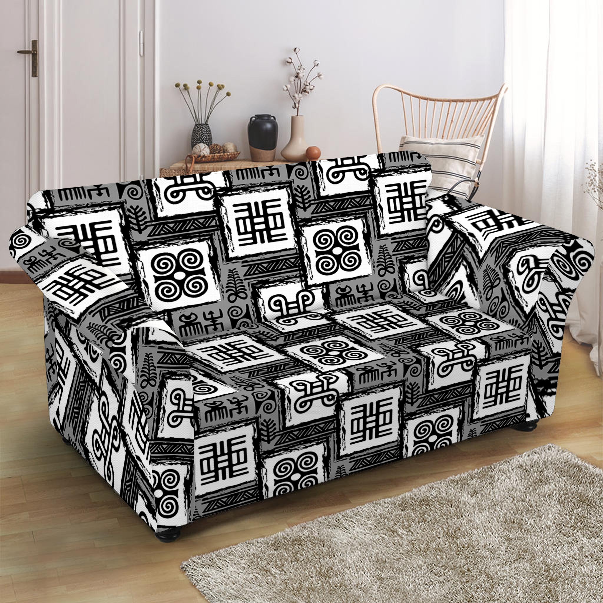 Grey African Adinkra Symbols Print Loveseat Slipcover