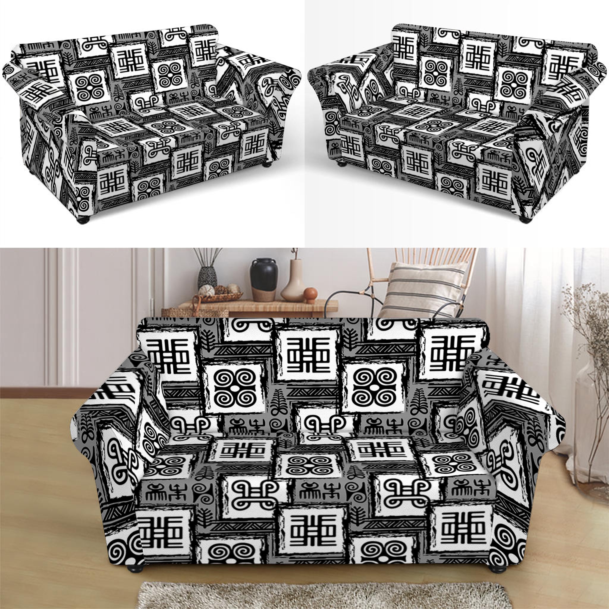 Grey African Adinkra Symbols Print Loveseat Slipcover