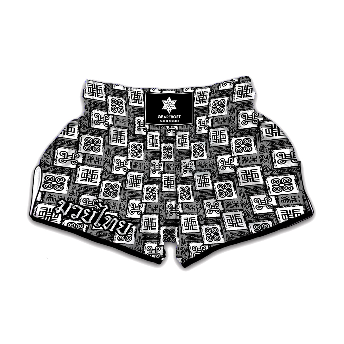 Grey African Adinkra Symbols Print Muay Thai Boxing Shorts