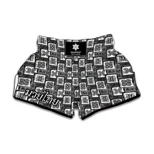 Grey African Adinkra Symbols Print Muay Thai Boxing Shorts