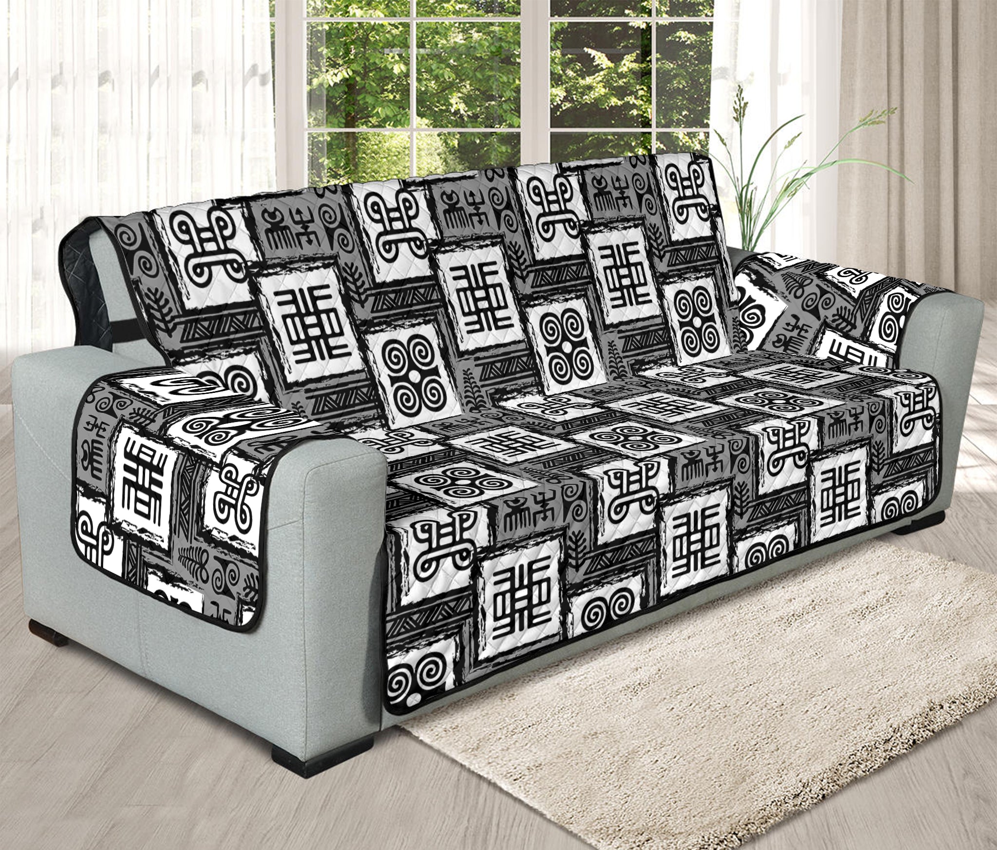 Grey African Adinkra Symbols Print Oversized Sofa Protector