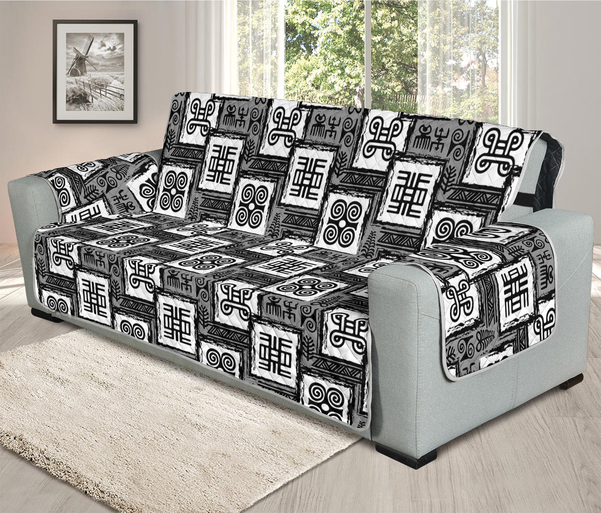 Grey African Adinkra Symbols Print Oversized Sofa Protector