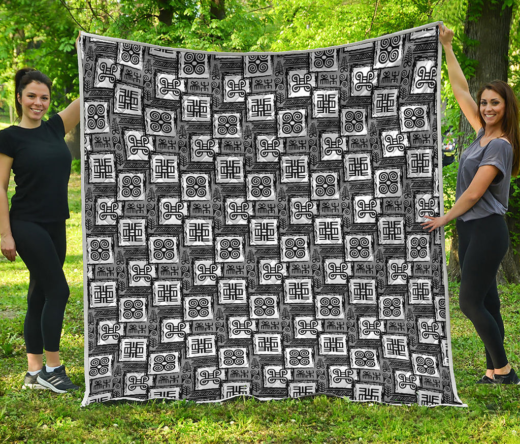 Grey African Adinkra Symbols Print Quilt