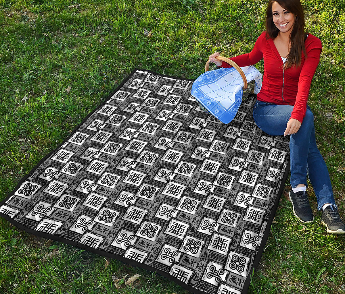 Grey African Adinkra Symbols Print Quilt