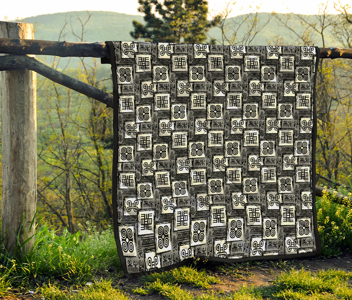 Grey African Adinkra Symbols Print Quilt