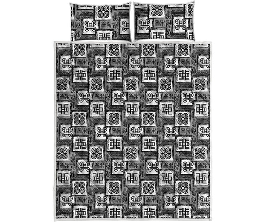 Grey African Adinkra Symbols Print Quilt Bed Set