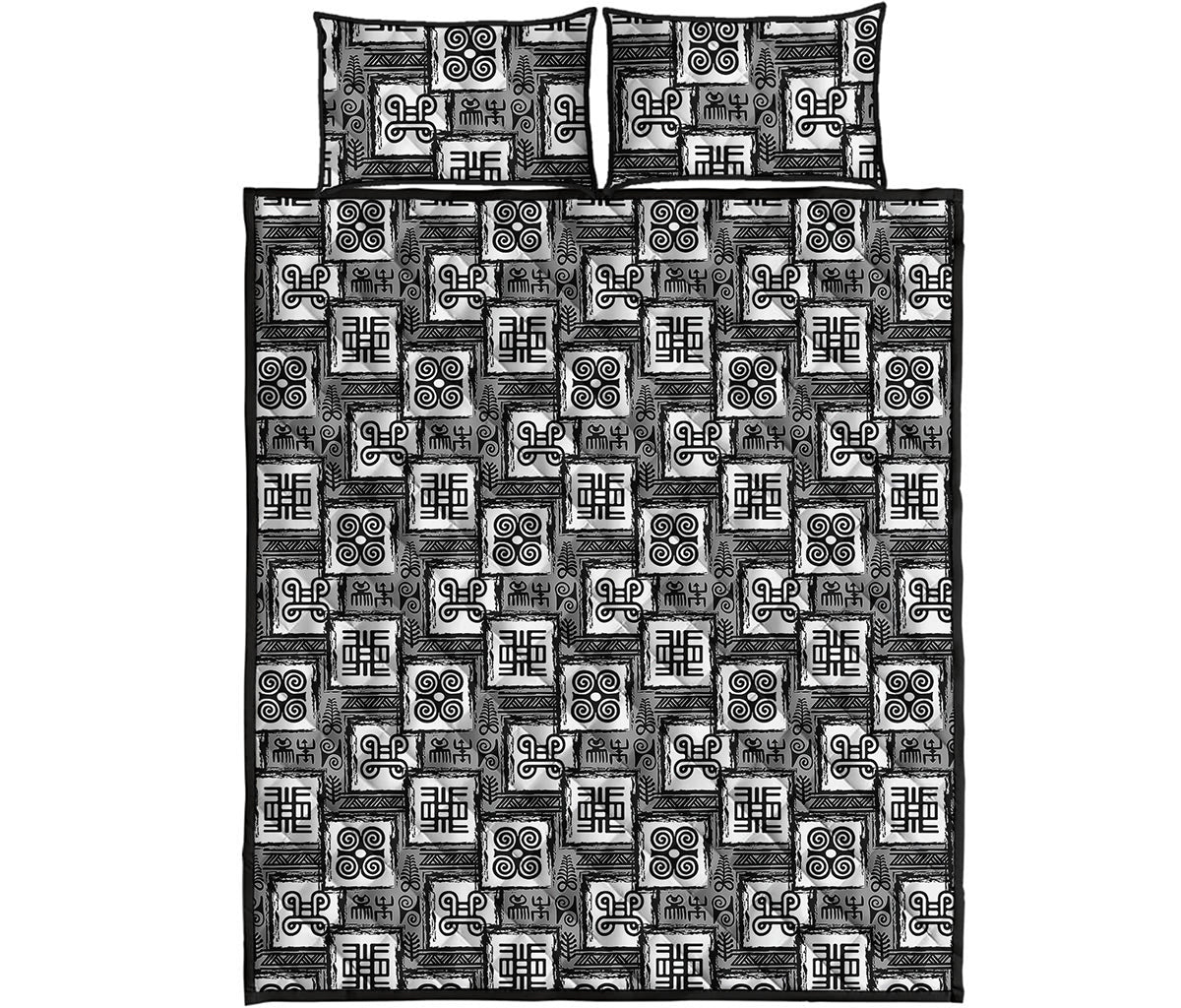 Grey African Adinkra Symbols Print Quilt Bed Set