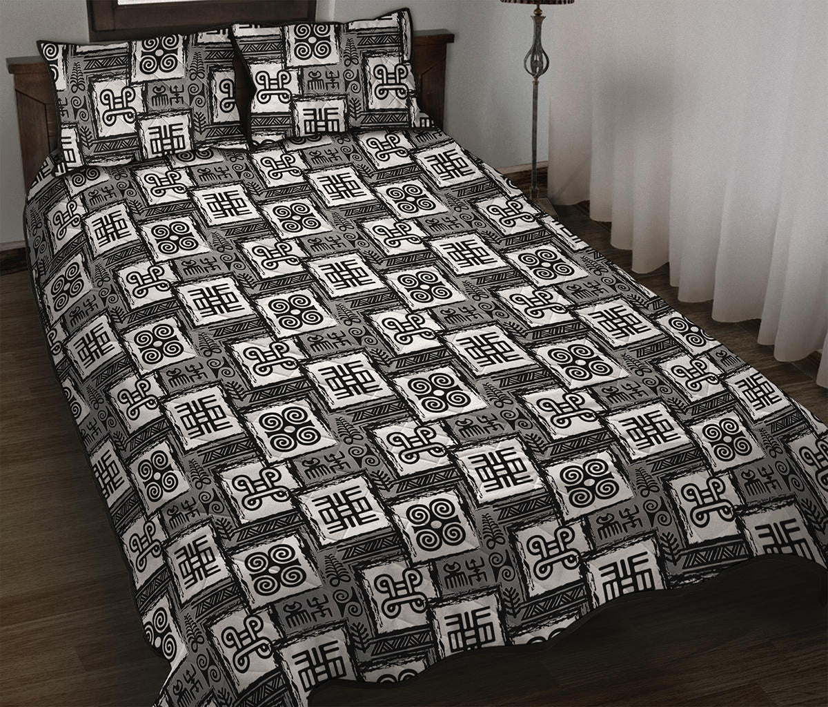 Grey African Adinkra Symbols Print Quilt Bed Set