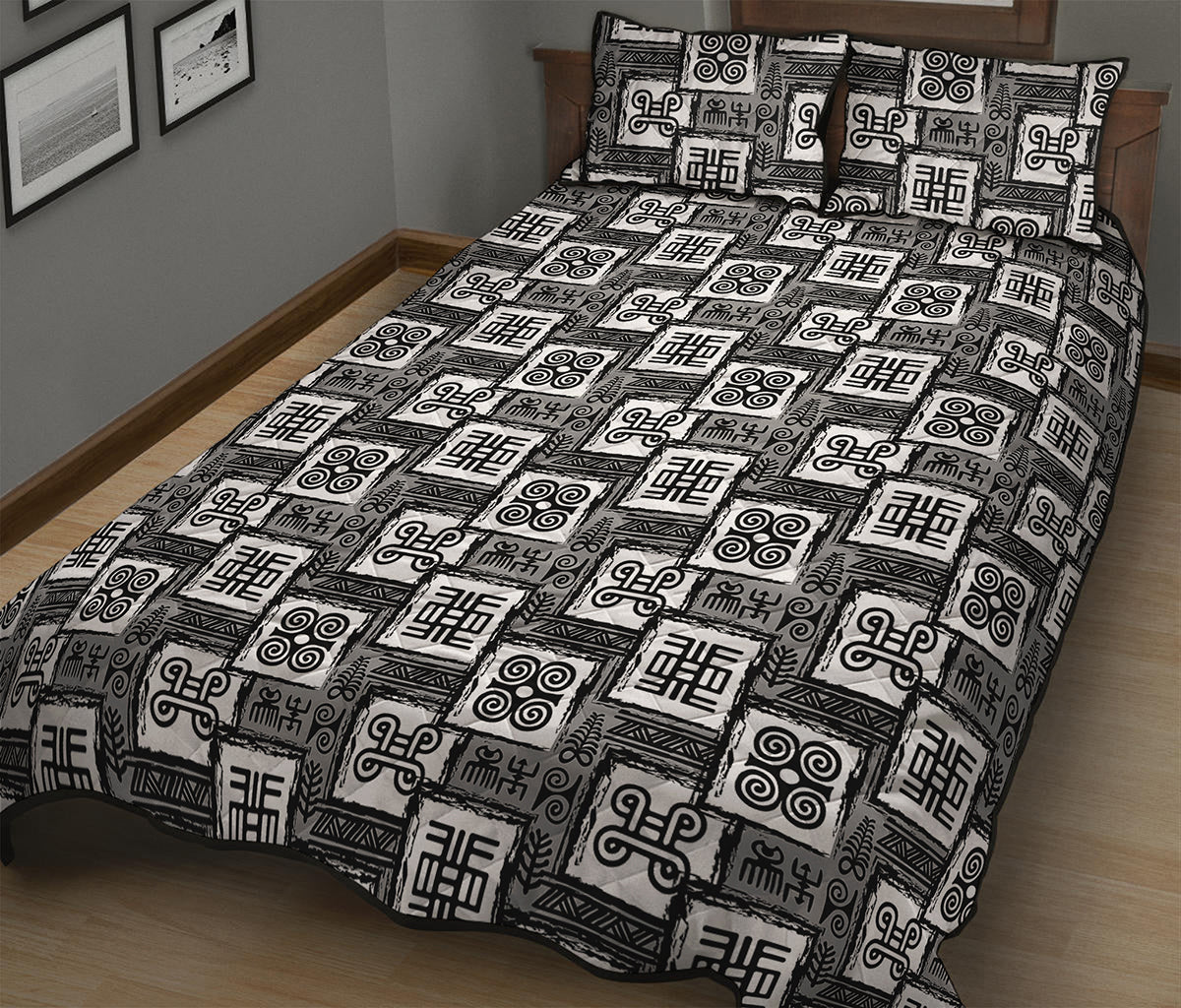 Grey African Adinkra Symbols Print Quilt Bed Set
