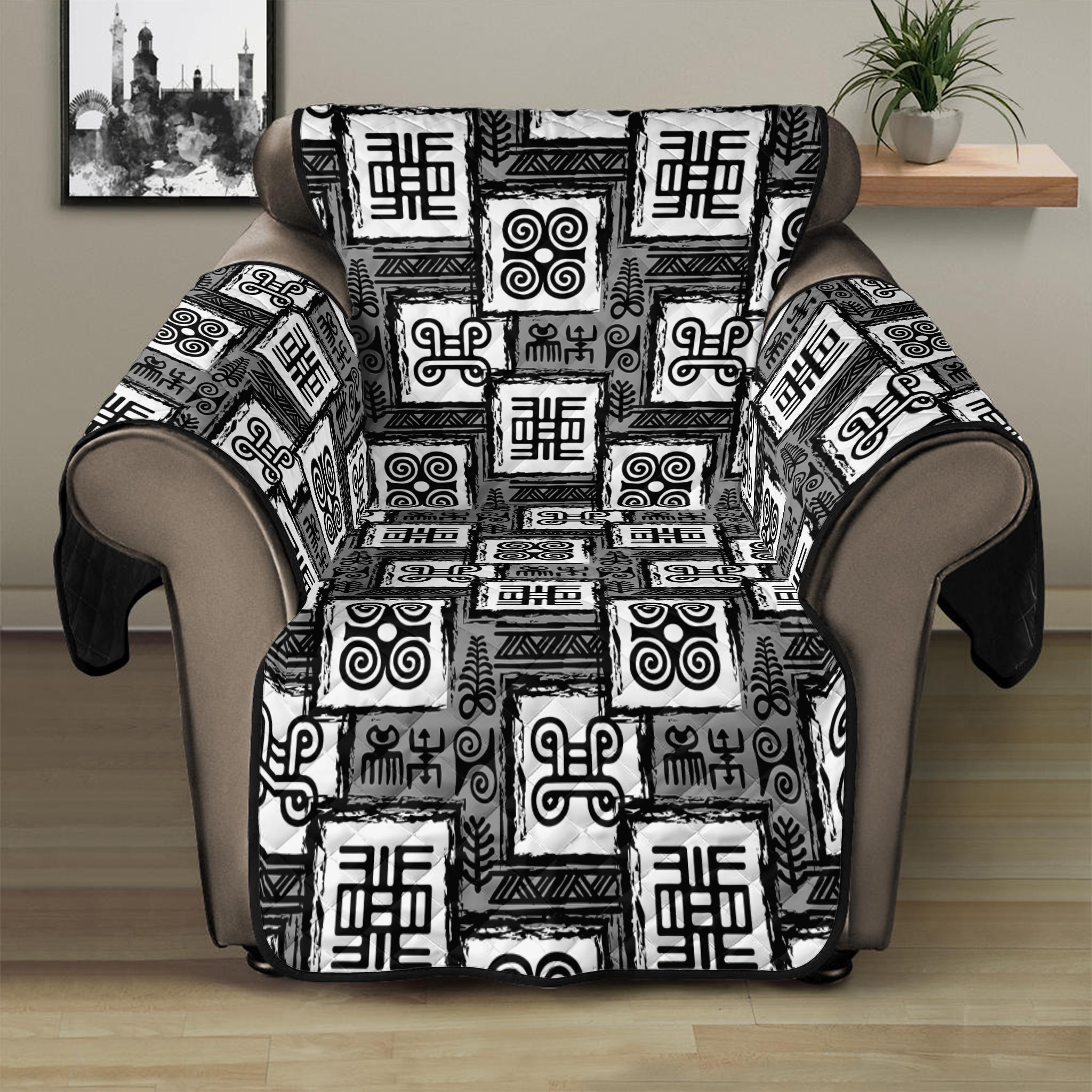 Grey African Adinkra Symbols Print Recliner Protector