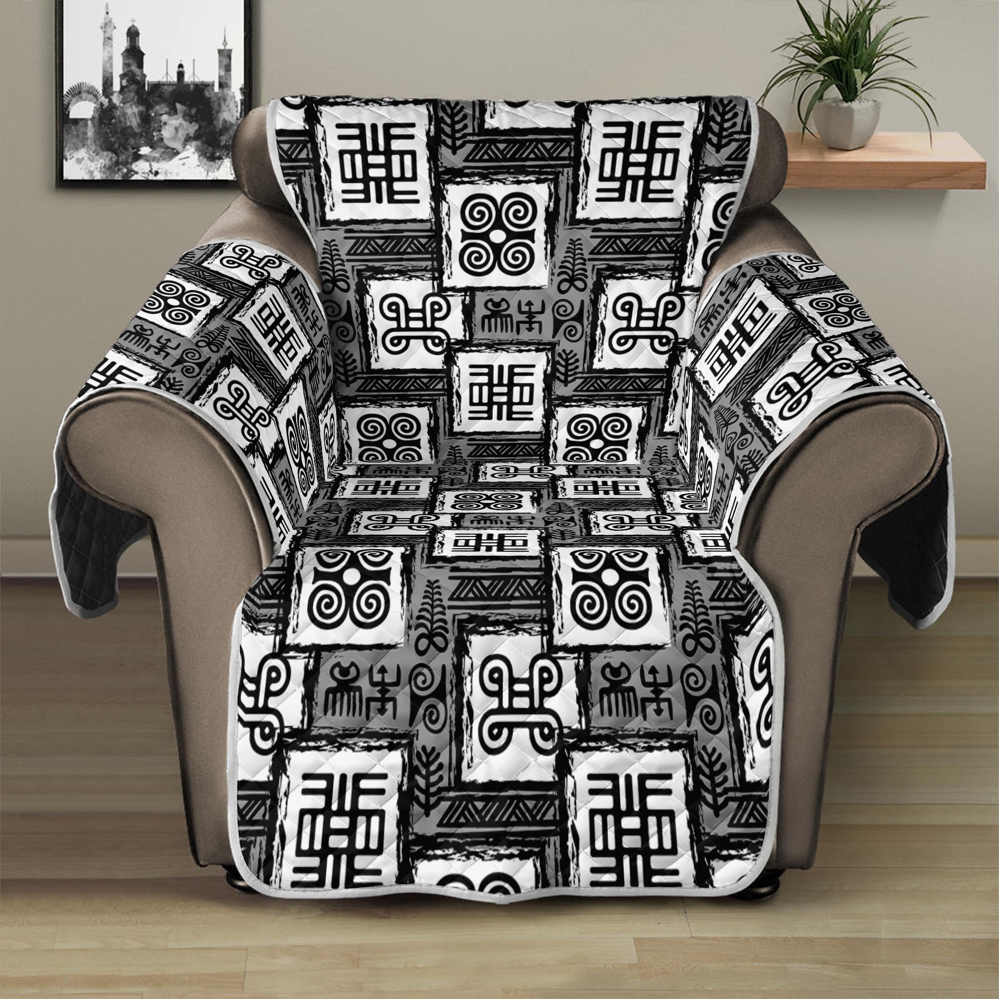 Grey African Adinkra Symbols Print Recliner Protector