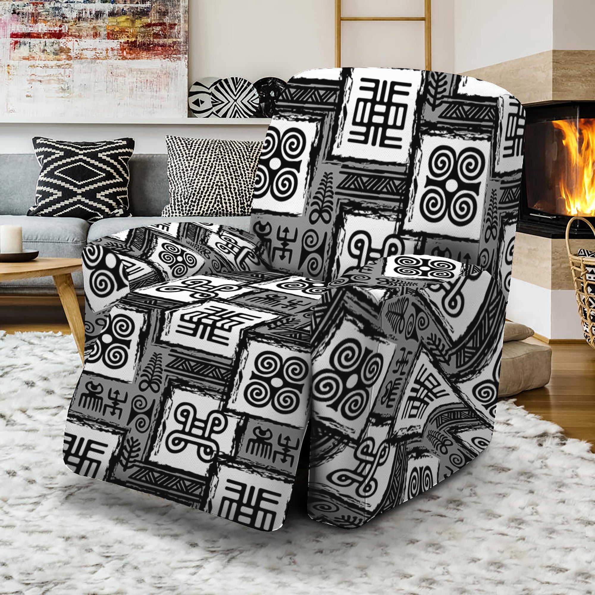 Grey African Adinkra Symbols Print Recliner Slipcover