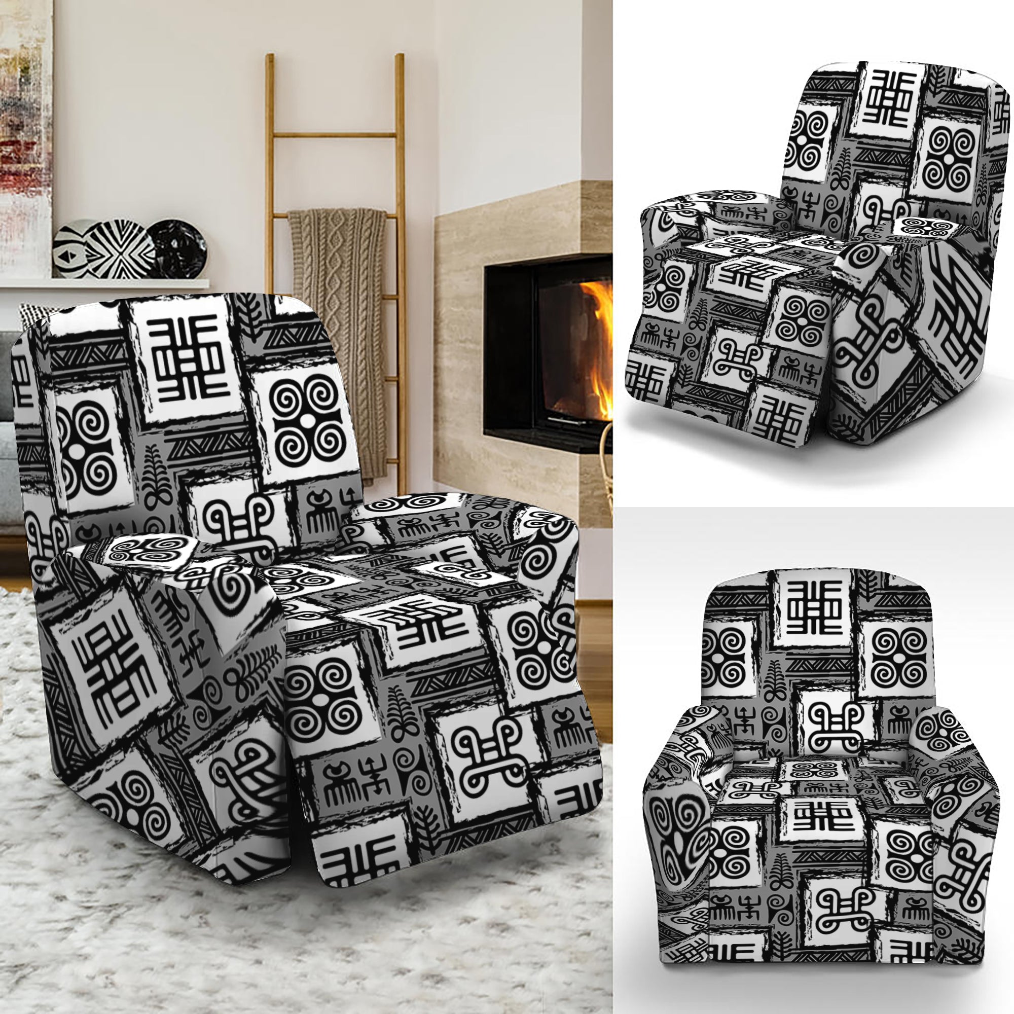 Grey African Adinkra Symbols Print Recliner Slipcover