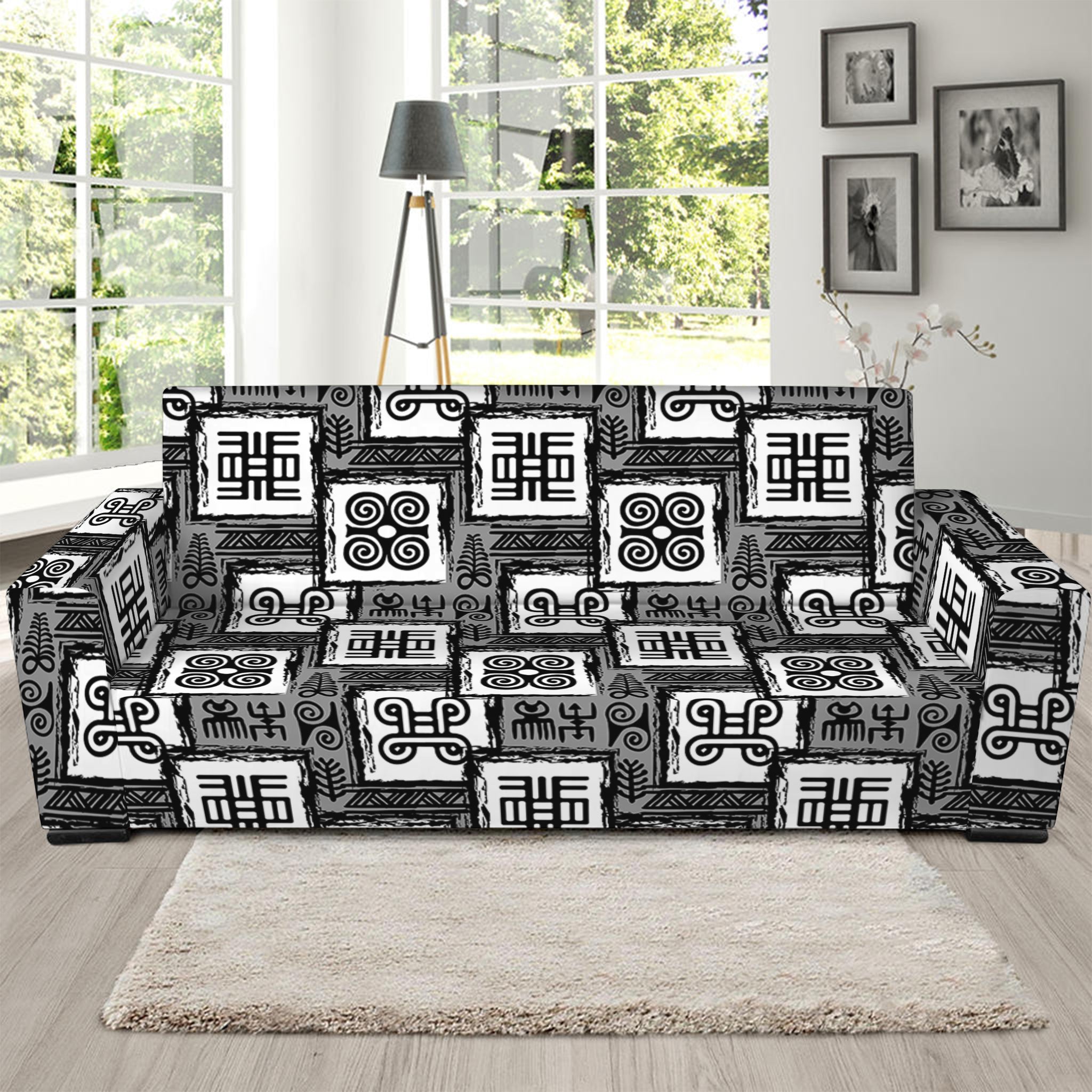 Grey African Adinkra Symbols Print Sofa Slipcover