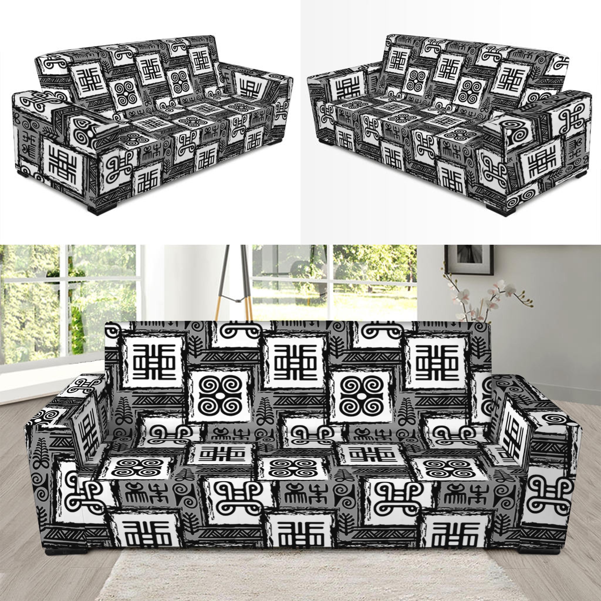 Grey African Adinkra Symbols Print Sofa Slipcover