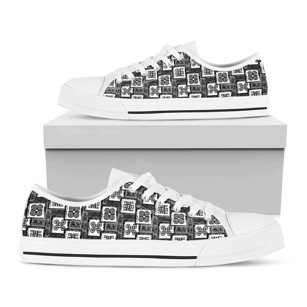 Grey African Adinkra Symbols Print White Low Top Shoes