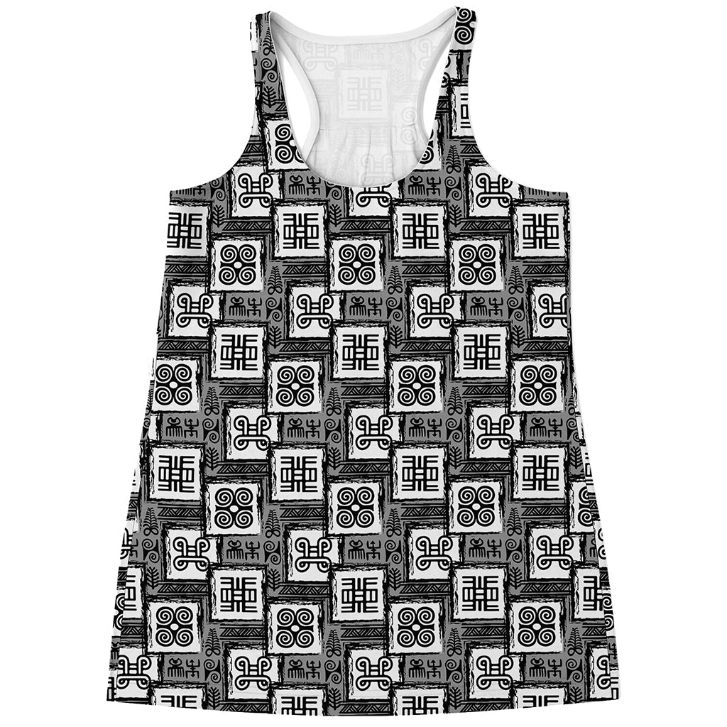 Grey African Adinkra Symbols Print Women's Racerback Tank Top