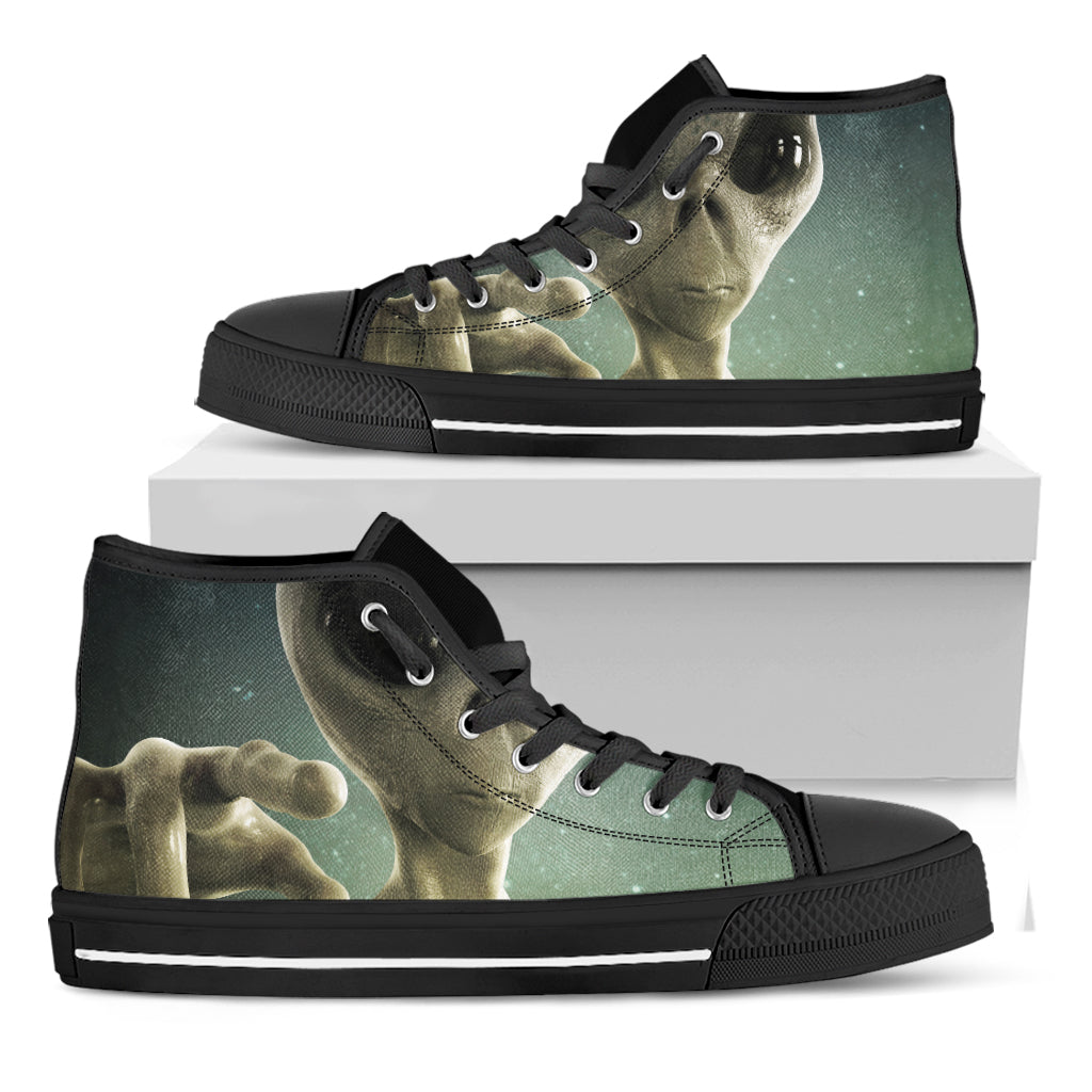 Grey Alien 3D Print Black High Top Shoes