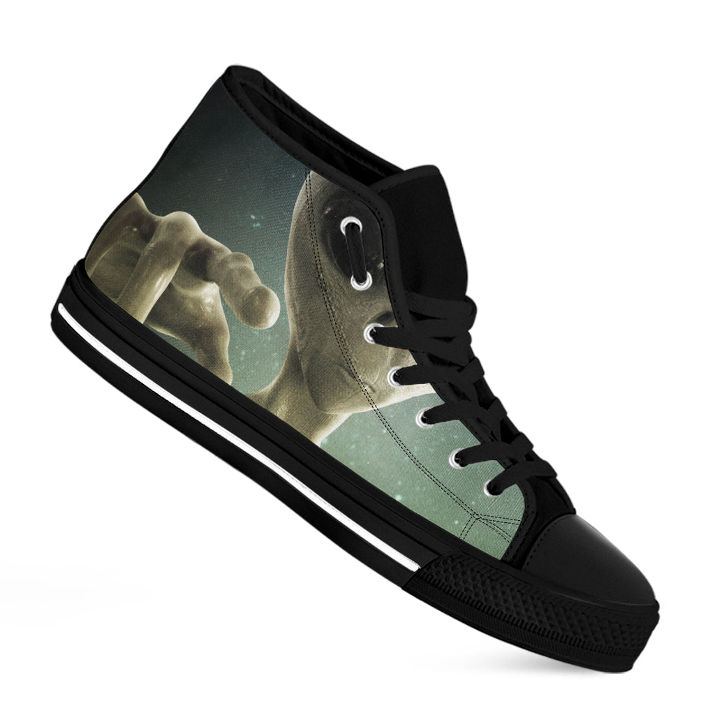 Grey Alien 3D Print Black High Top Shoes