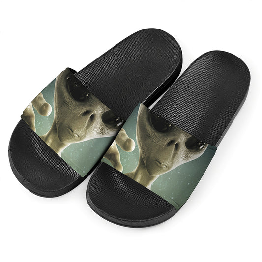 Grey Alien 3D Print Black Slide Sandals