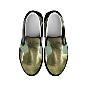 Grey Alien 3D Print Black Slip On Shoes