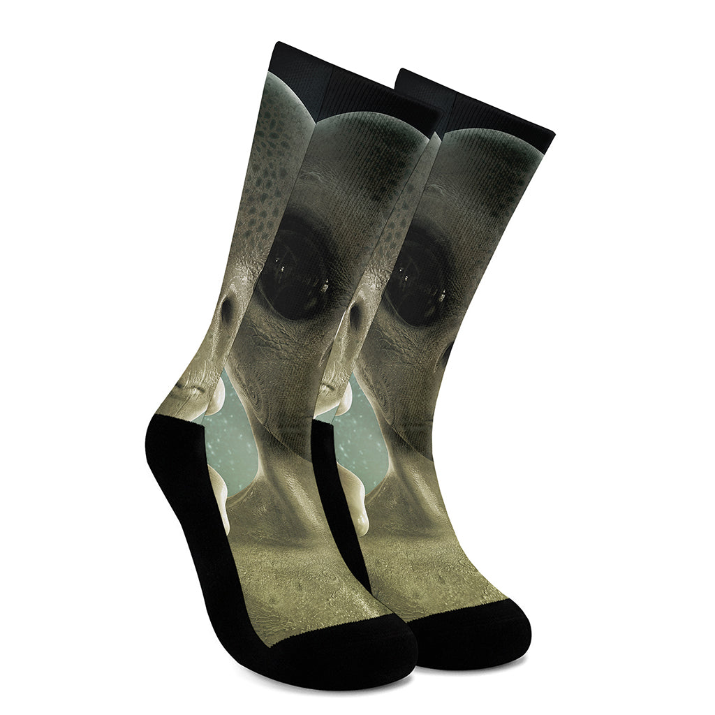 Grey Alien 3D Print Crew Socks