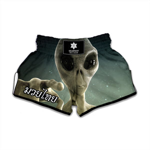 Grey Alien 3D Print Muay Thai Boxing Shorts