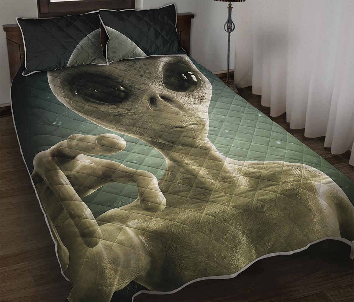 Grey Alien 3D Print Quilt Bed Set