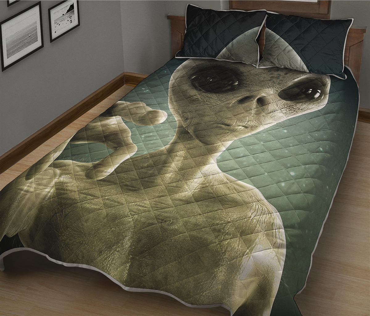 Grey Alien 3D Print Quilt Bed Set