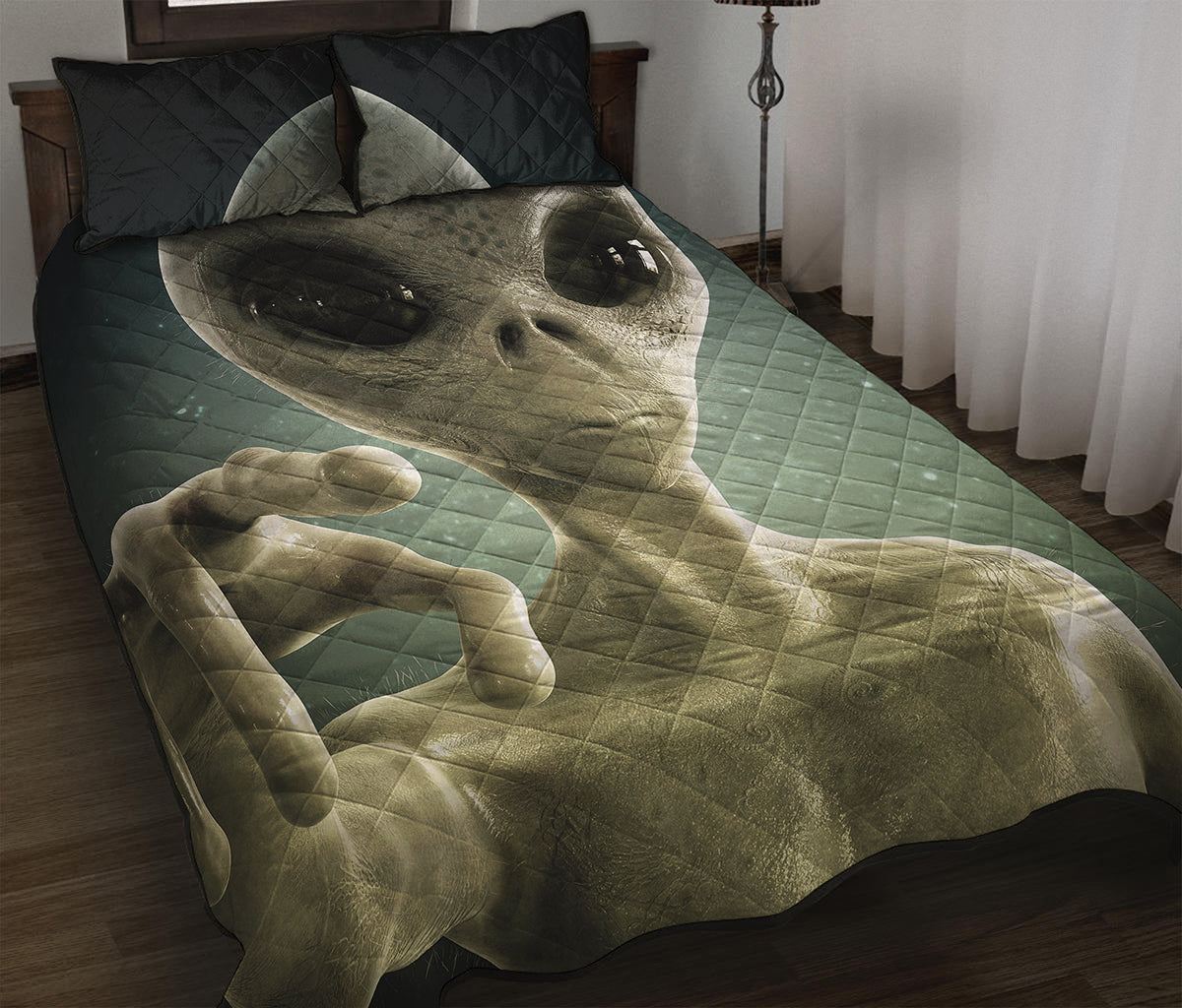 Grey Alien 3D Print Quilt Bed Set