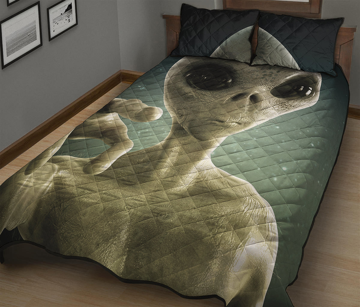Grey Alien 3D Print Quilt Bed Set