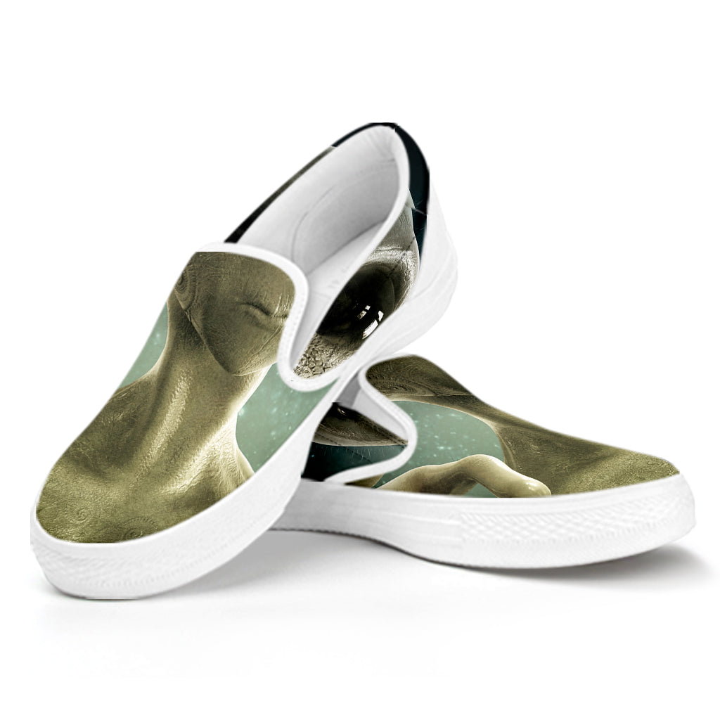 Grey Alien 3D Print White Slip On Shoes