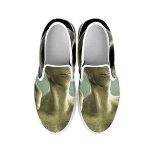 Grey Alien 3D Print White Slip On Shoes