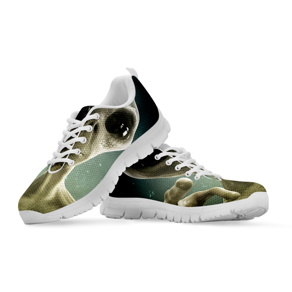 Grey Alien 3D Print White Sneakers