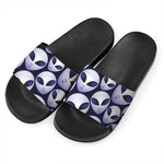 Grey Alien Face Pattern Print Black Slide Sandals