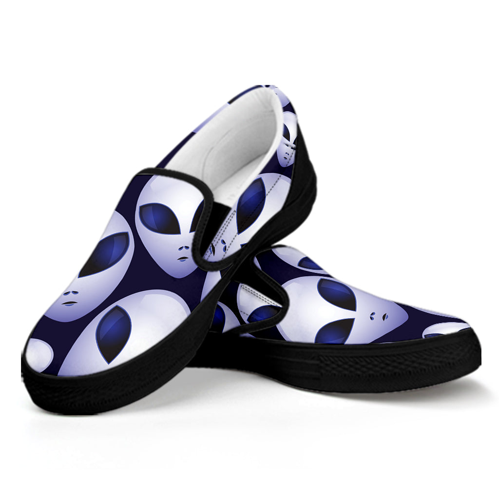 Grey Alien Face Pattern Print Black Slip On Shoes