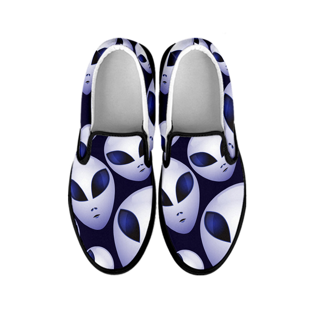 Grey Alien Face Pattern Print Black Slip On Shoes