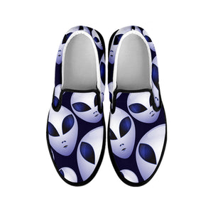 Grey Alien Face Pattern Print Black Slip On Shoes