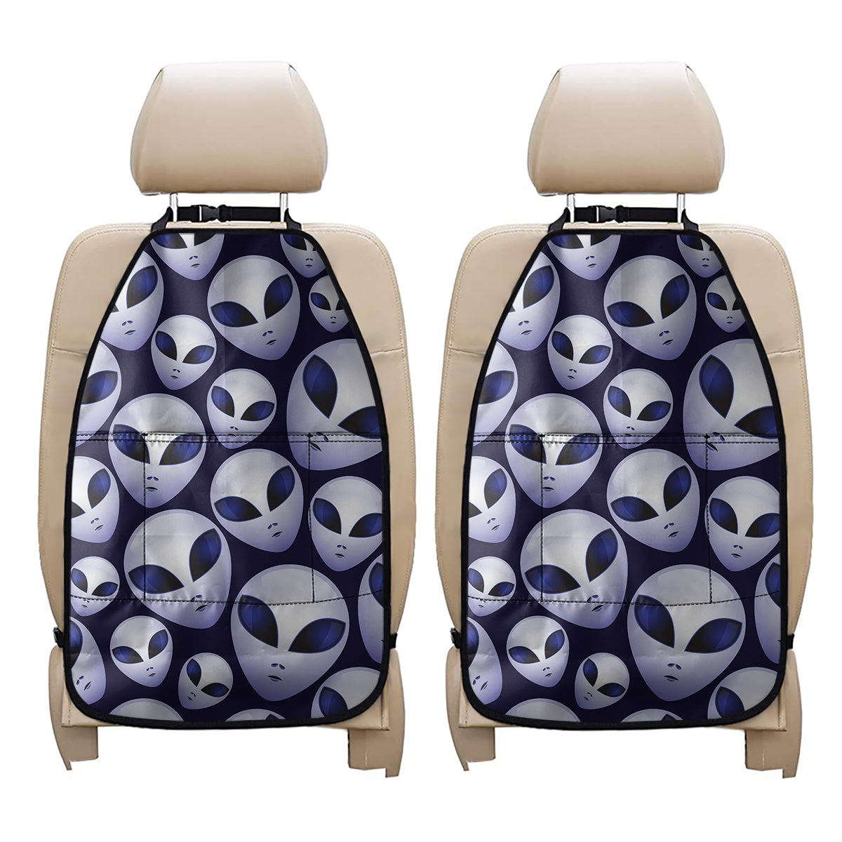 Grey Alien Face Pattern Print Car Seat Organizers
