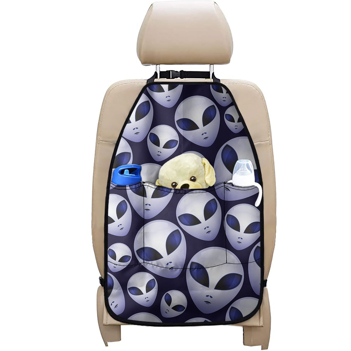 Grey Alien Face Pattern Print Car Seat Organizers