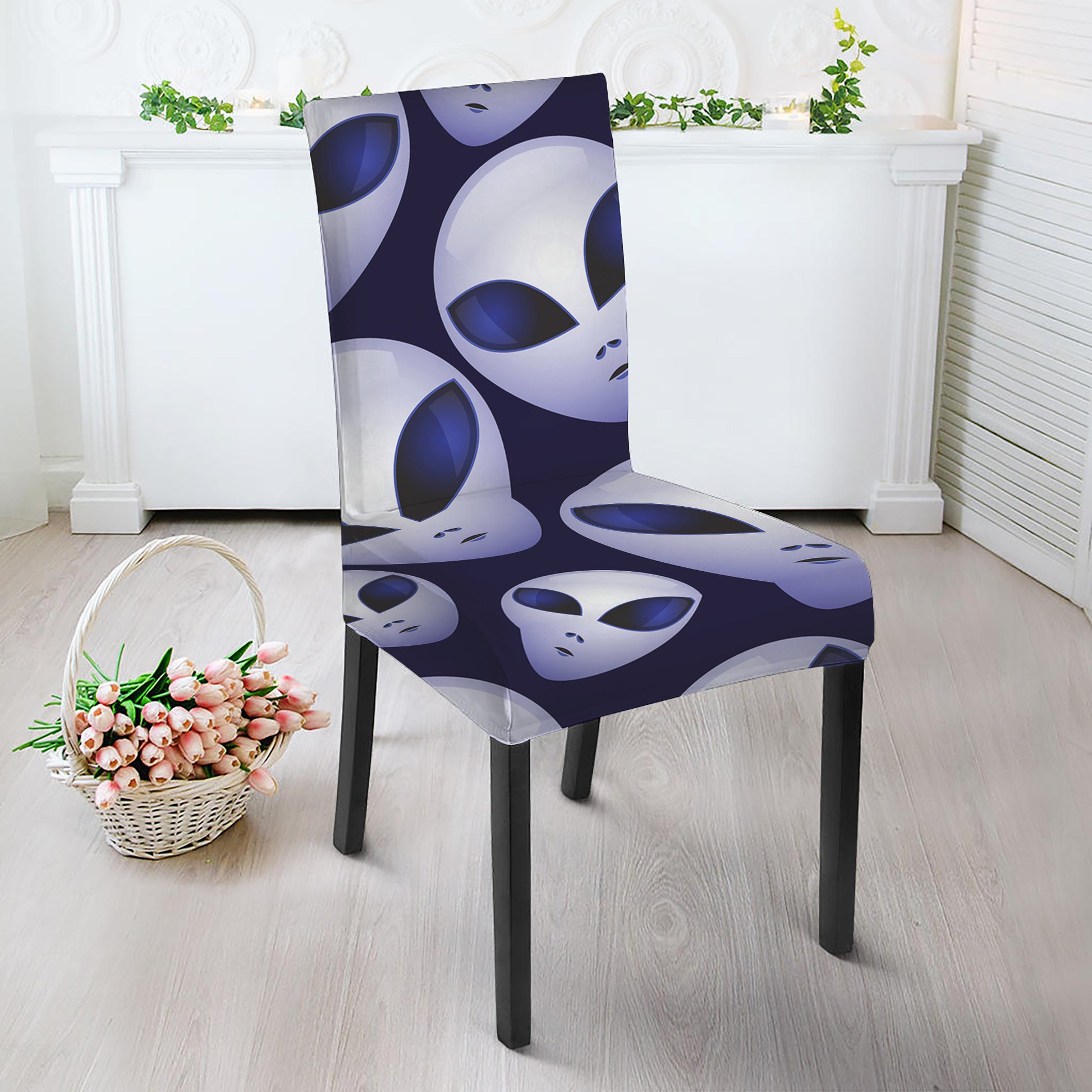 Grey Alien Face Pattern Print Dining Chair Slipcover