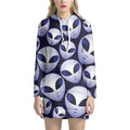 Grey Alien Face Pattern Print Pullover Hoodie Dress