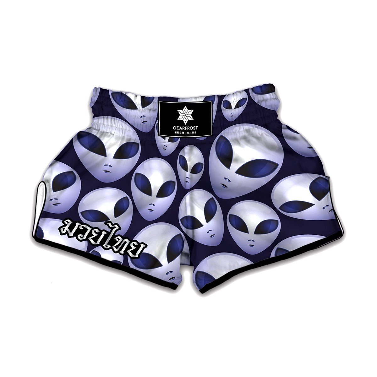 Grey Alien Face Pattern Print Muay Thai Boxing Shorts