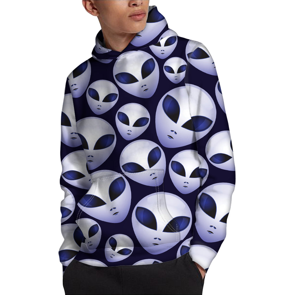 Grey Alien Face Pattern Print Pullover Hoodie