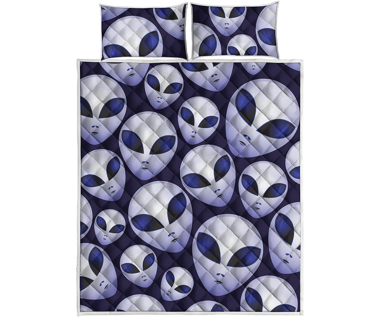 Grey Alien Face Pattern Print Quilt Bed Set