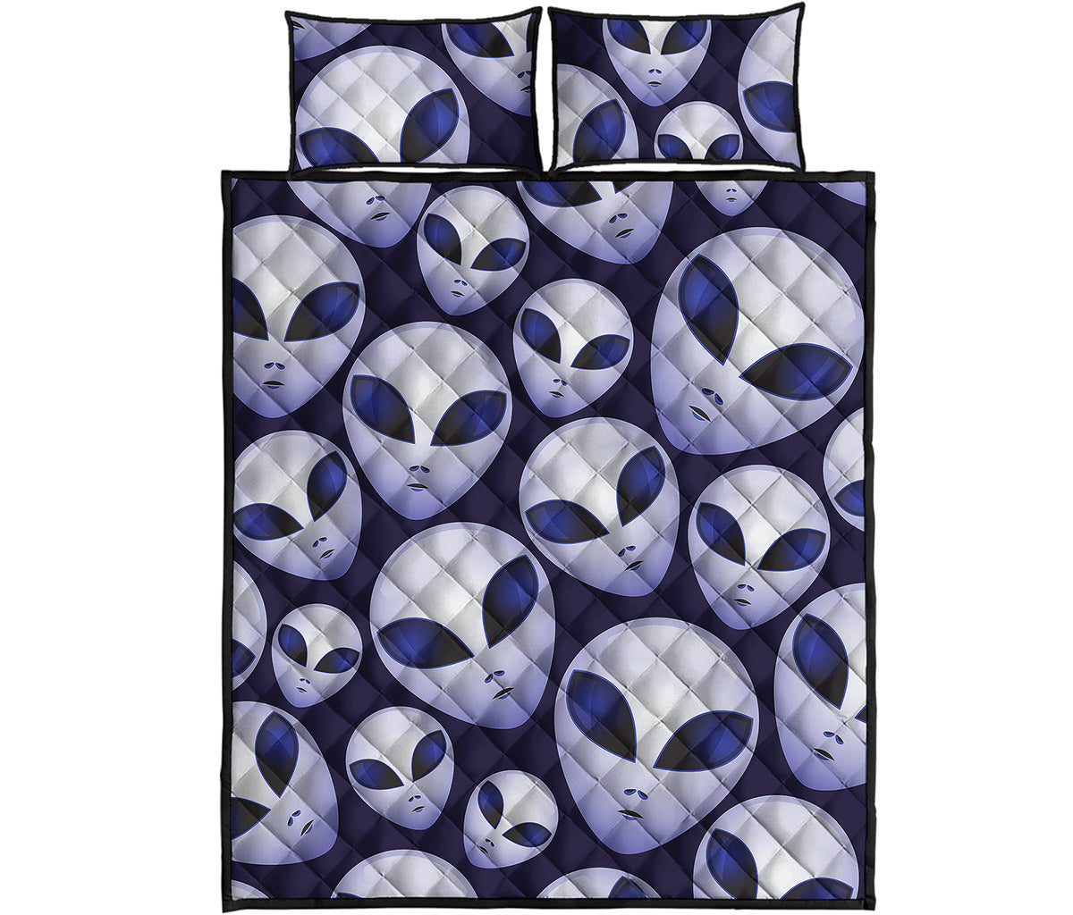 Grey Alien Face Pattern Print Quilt Bed Set