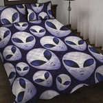 Grey Alien Face Pattern Print Quilt Bed Set