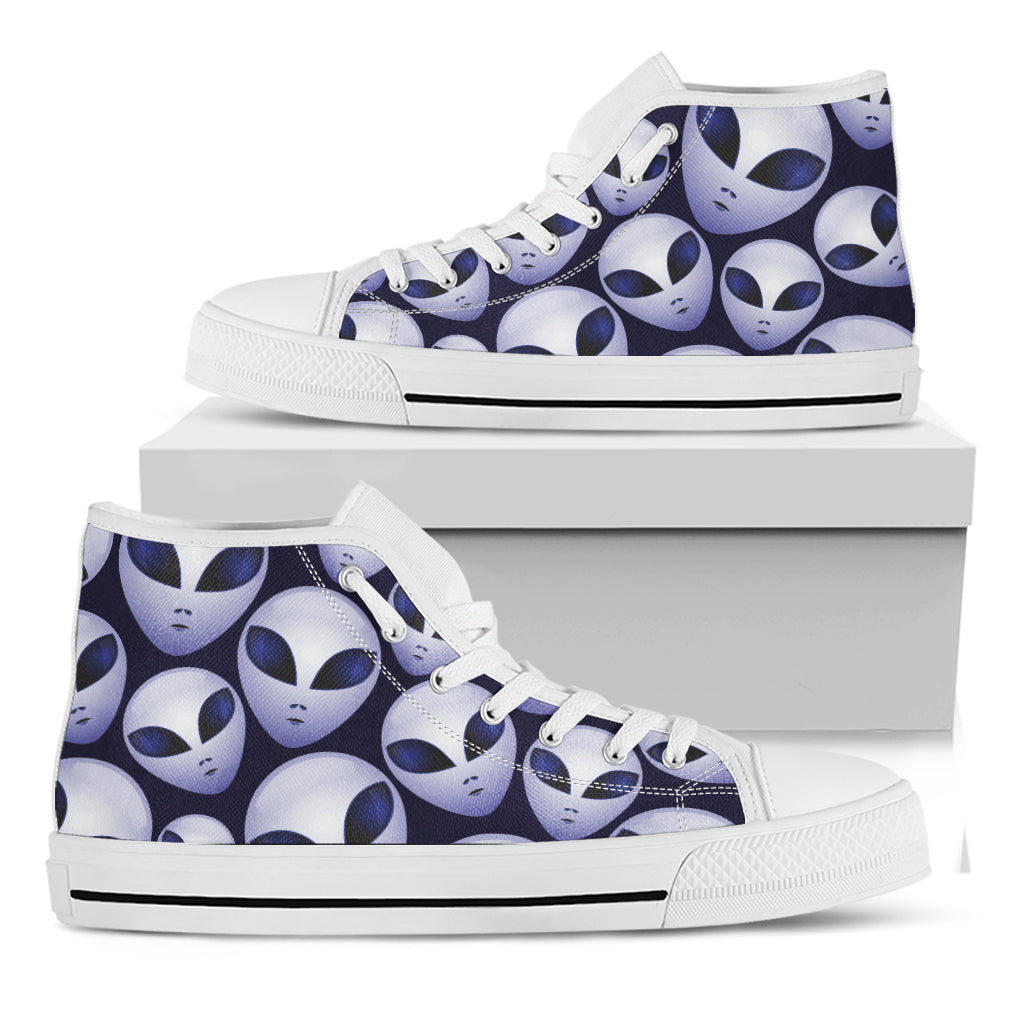 Grey Alien Face Pattern Print White High Top Shoes