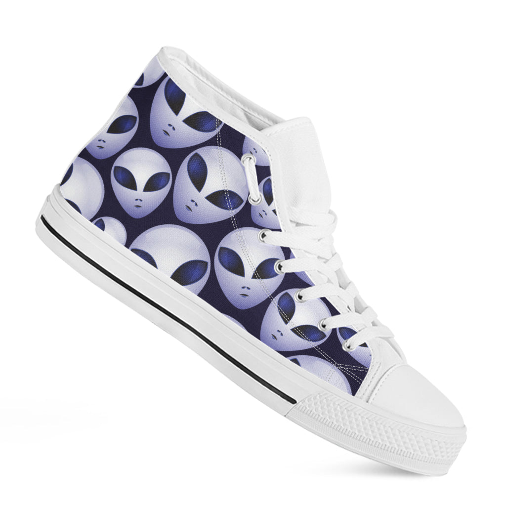 Grey Alien Face Pattern Print White High Top Shoes